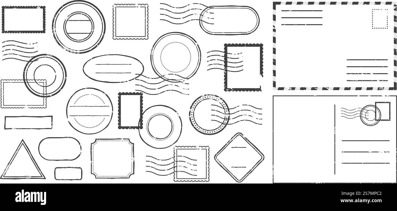Lettre postale avec timbres de cachet, affranchissement noir de forme diverse comme cercle, carré, losange isolé sur fond blanc plat, icône pour enveloppe, illustration vectorielle de service de courrier. Lettre postale avec timbres-poste, affranchissement noir de diverses formes comme cercle, carré, losange isolé sur blanc Illustration de Vecteur