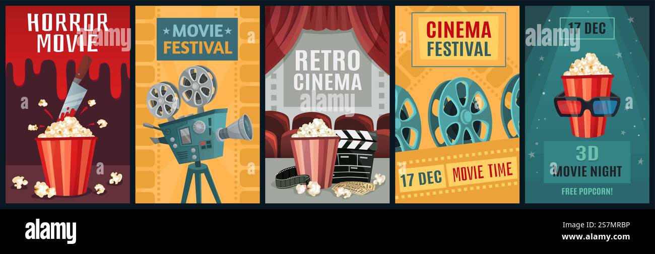 Affiche de film. Film d'horreur, caméra de cinéma et films rétro modèle d'affiches de nuit. Cartes d'invitations de festival de films anciens, ticket de cinématographie ou ensemble d'illustration vectorielle de brochure. Affiche de film. Film d'horreur, caméra de cinéma et films rétro affiches de nuit modèle d'illustration vectorielle set Illustration de Vecteur