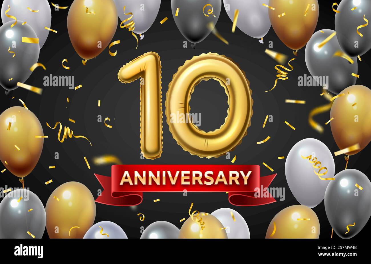 Affiche anniversaire avec ballons dorés. 10 date de jour de mariage ou célébration amusante de jubilé avec numéros de ballon d'or et bannière vectorielle de confettis. Événement heureux ou invitation ou salutation de vacances. Affiche anniversaire avec ballons dorés. 10 date de jour de mariage ou célébration amusante de jubilé avec numéros de ballon d'or et bannière vectorielle de confettis Illustration de Vecteur