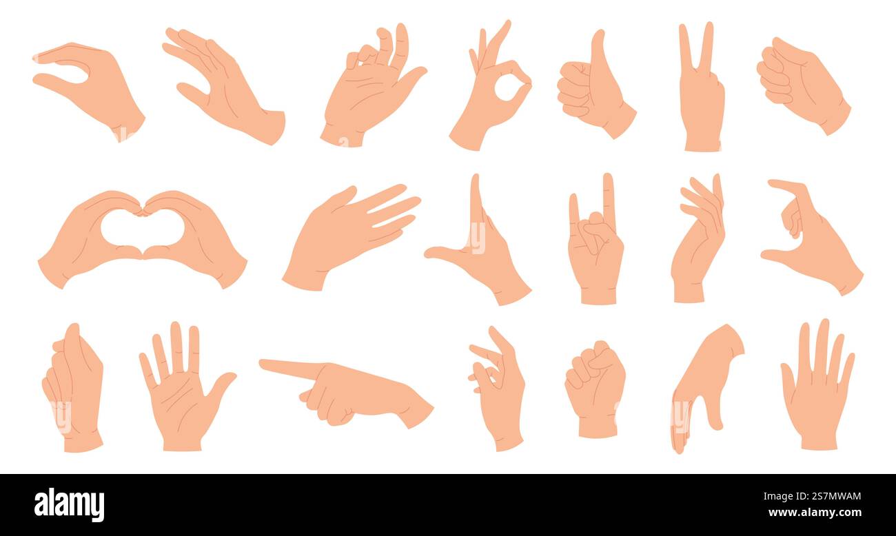 Mains tenant des gestes. Main féminine et masculine élégante montrant le cœur, OK, comme, pointant le doigt et agitant la paume. Trendy Hands poses Vector Set. Signes et symboles du langage corporel pour la communication. Mains tenant des gestes. Main féminine et masculine élégante montrant le cœur, OK, comme, pointant le doigt et agitant la paume. Trendy Hands poses Vector Set Illustration de Vecteur