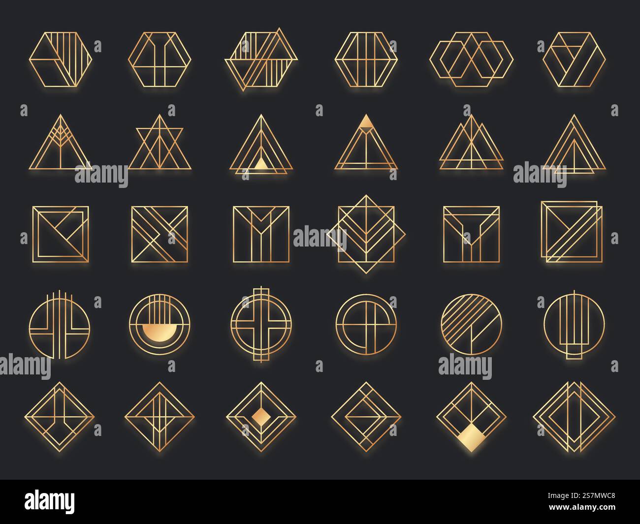 Formes géométriques art déco. Forme d'art géométrique doré, symbole de cercle d'or et triangle abstrait. Créatifs lignes carrées et vecteur de losange géométrique élégant. Illustration de cadre de décoration géométrique. Formes géométriques art déco. Forme d'art géométrique doré, symbole de cercle d'or et triangle abstrait. Créatifs lignes carrées et élégant ensemble de vecteurs de losange géométriques Illustration de Vecteur