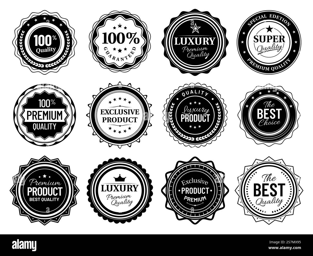 Badges de qualité supérieure. Meilleur emblème de choise, étiquettes vintage et badge pochoir rétro. Autocollant de vente de garantie de qualité de produit, étiquette de timbre d'approbation de luxe. Faisceau de symboles vectoriels isolés. Badges de qualité supérieure. Meilleur emblème de choise, étiquettes vintage et paquet vectoriel de badge de pochoir rétro Illustration de Vecteur