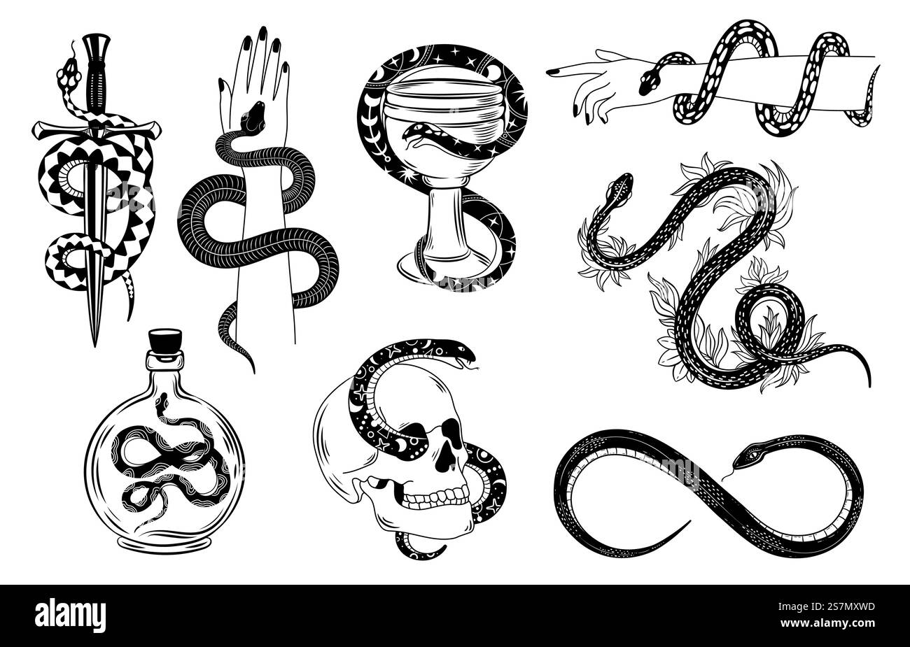 Tatouage serpents. Serpent occulte enroulé autour de la main, du crâne, du poignard, du bol et du poison. Silhouette de serpent dans les fleurs. Jeu de vecteurs de tatouages mystiques. Illustration tatouage serpent, symbole de l'occulte. Tatouage serpents. Serpent occulte enroulé autour de la main, du crâne, du poignard, du bol et du poison. Silhouette de serpent dans les fleurs. Jeu de vecteurs de tatouages mystiques Illustration de Vecteur