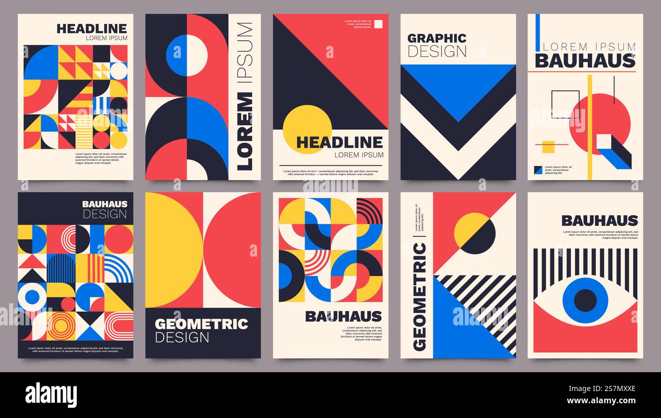 Affiches géométriques. Bauhaus couvre des modèles avec géométrie abstraite. Architecture rétro formes minimales, formes, lignes et ensemble vectoriel de conception des yeux. Couverture artistique créative de magazine, journal ou album. Affiches géométriques. Bauhaus couvre des modèles avec géométrie abstraite. Architecture rétro formes minimales, formes, lignes et ensemble vectoriel de conception des yeux Illustration de Vecteur