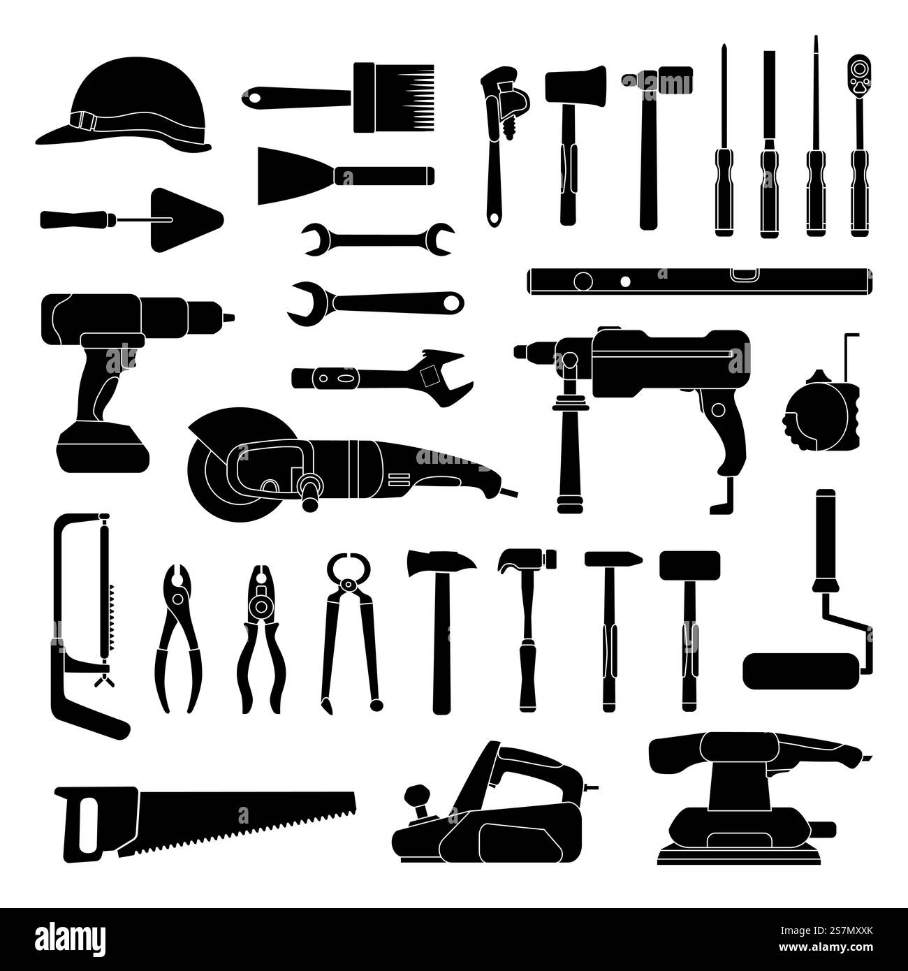 Silhouette d'outils à main de travail. Icônes de la boîte à outils de construction et de réparation à domicile. Matériel d'atelier, perceuse, marteau, scie et clé, set vectoriel. Illustration marteau et kit de menuiserie pour réparer et travailler. Silhouette d'outils à main de travail. Icônes du logo de la boîte à outils de construction et de réparation de la maison. Matériel d'atelier, perceuse, marteau, scie et clé, set vectoriel Illustration de Vecteur
