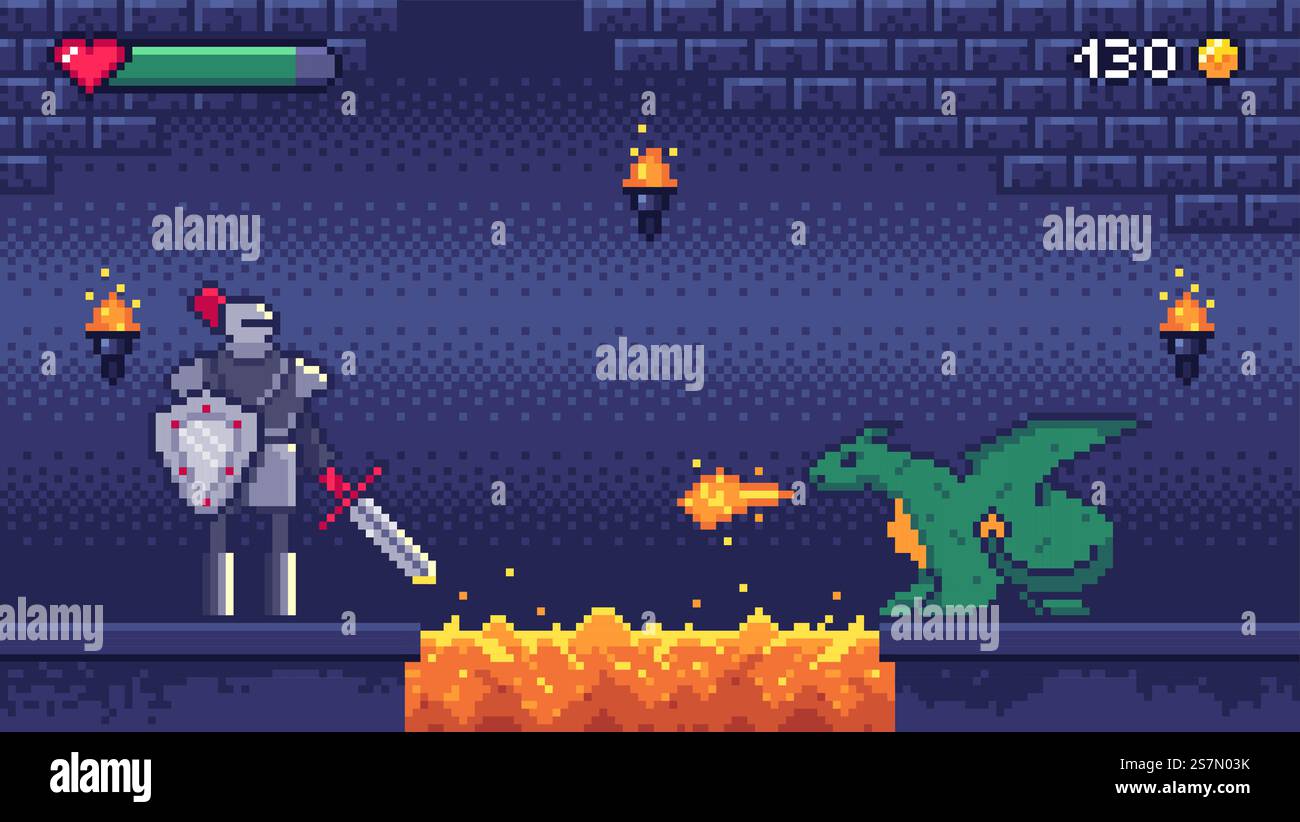 Niveau de jeu Pixel art. Héros guerrier combat dragon 8 bits, pixels jeux vidéo niveaux scène paysage et jeux rétro. illustration vectorielle de combat de jeu de combat de 2d pixel, d'arcade ou de coureur. Niveau de jeu Pixel art. Héros guerrier combat dragon 8 bits, pixels niveaux de jeux vidéo paysage de scène et illustration vectorielle de jeu rétro Illustration de Vecteur