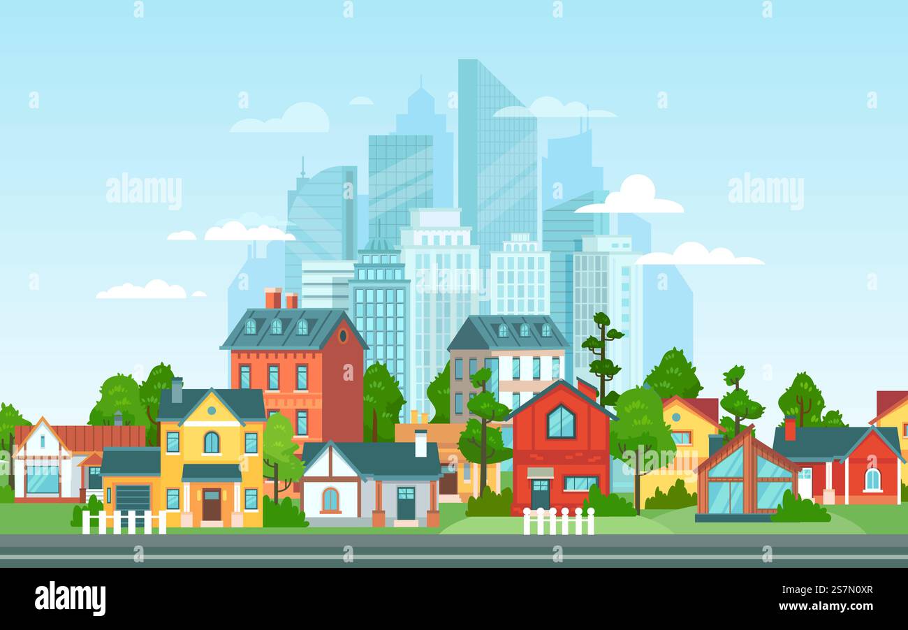 Paysage de banlieue. Architecture urbaine, petits et grands bâtiments urbains. Suburbans abrite l'illustration vectorielle de dessin animé. Campagne, banlieue avec chalets privés avec paysage urbain sur fond. Paysage de banlieue. Architecture urbaine, petits et grands bâtiments urbains. Suburbans abrite l'illustration vectorielle de dessin animé. Campagne, banlieue avec chalets privés avec skyline de la ville sur fond Illustration de Vecteur