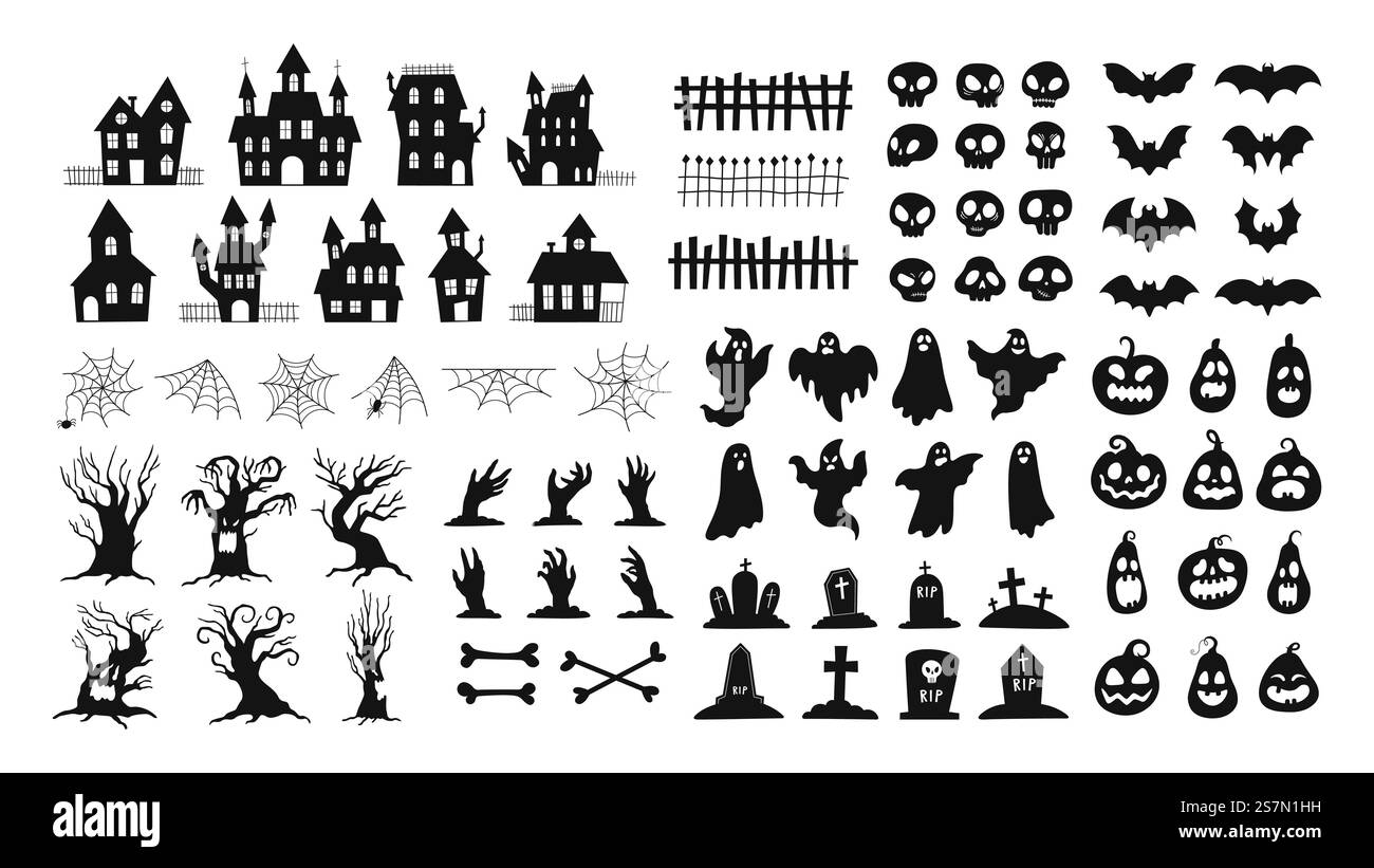 Silhouettes d'Halloween. Décorations effrayantes mains de zombie, arbre effrayant, fantômes, maison hantée, visages de citrouille et ensemble de vecteurs de pierres tombales de cimetière. Illustration chauve-souris d'halloween, effrayante et effrayante. Silhouettes d'Halloween. Décorations effrayantes mains de zombie, arbre effrayant, fantômes, maison hantée, visages de citrouille et ensemble de vecteurs de pierres tombales de cimetière Illustration de Vecteur