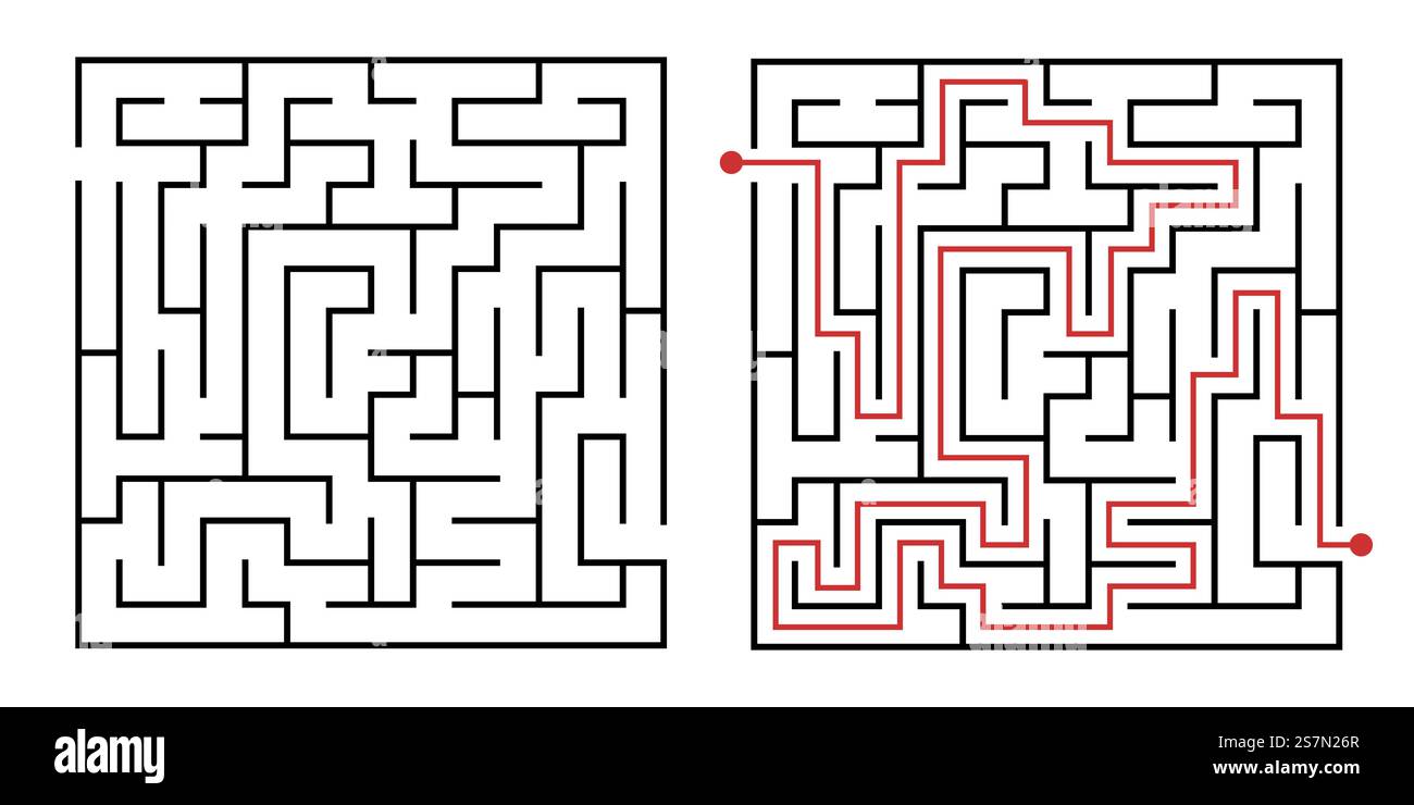 Jeu de labyrinthe. Labyrinthe carré, jeu de logique simple avec labyrinthes façon. Comment trouver un quiz, trouver un rebus de chemin de sortie ou un défi de labyrinthe logique illustration vectorielle isolée. Jeu de labyrinthe. Labyrinthe carré, jeu de logique simple avec illustration vectorielle de chemin labyrinthes Illustration de Vecteur