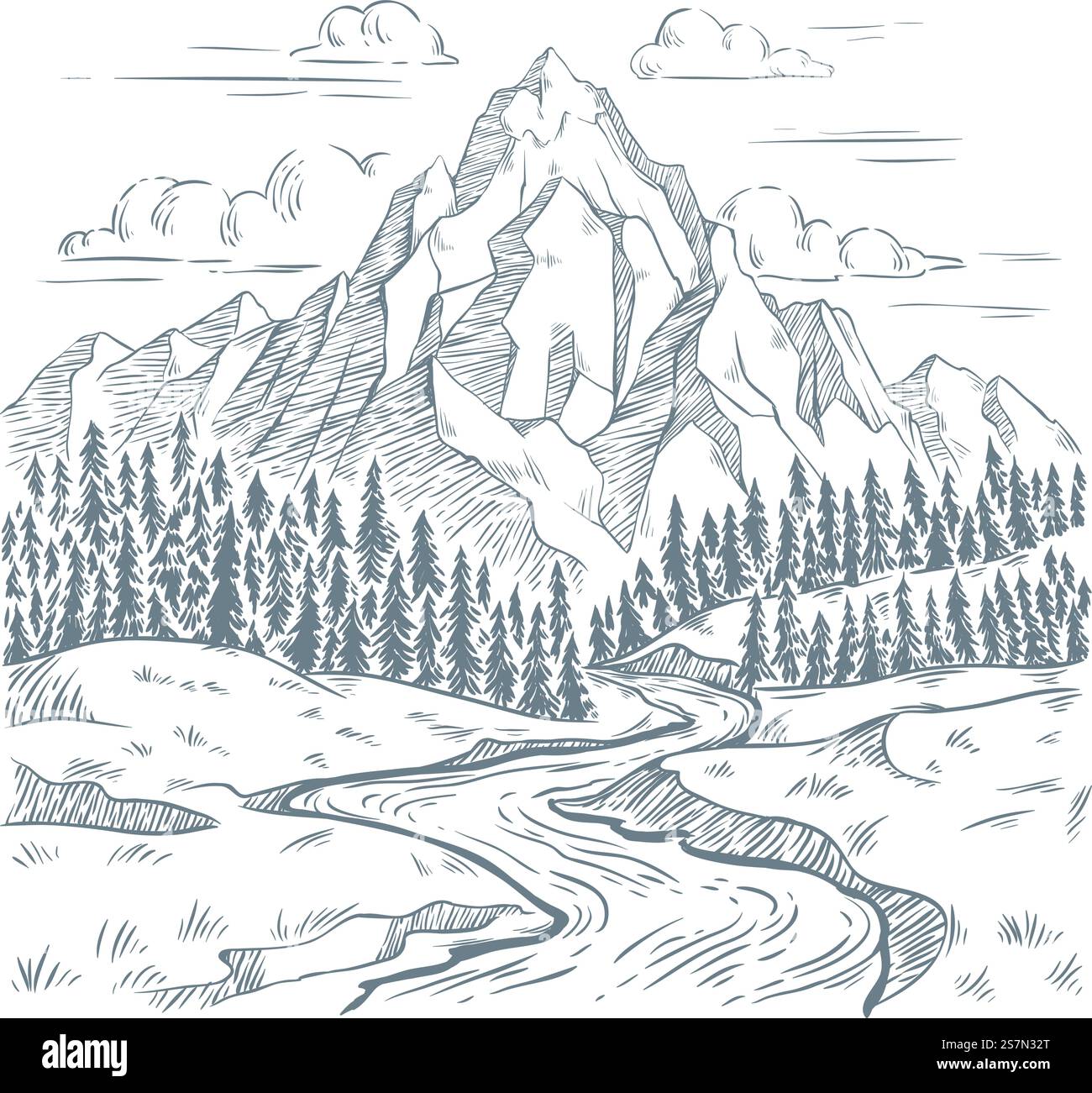 Gravure de rivière de montagne. Voyages en plein air, aventures en montagne et paysages vintage dessinés à la main de rivières de serpents. Croquis de vallée de montagne, illustration vectorielle de dessin de paysage touristique. Gravure de rivière de montagne. Voyage en plein air, aventures en montagne et rivières de serpent vintage illustration vectorielle de paysage dessinée à la main Illustration de Vecteur