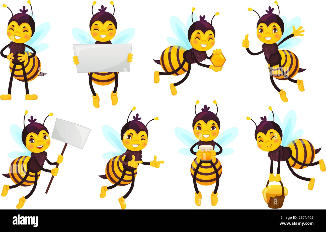 Personnage d'abeille de dessin animé. Miel d'abeilles, abeille mignonne volante et mascotte drôle d'abeille jaune. Fleurs miel livraison insecte abeille ou insecte bourdon. Icônes d'illustration vectorielle isolées définies. Personnage d'abeille de dessin animé. Miel d'abeilles, abeille mignonne volante et ensemble d'illustration vectorielle drôle de mascotte d'abeille jaune Illustration de Vecteur