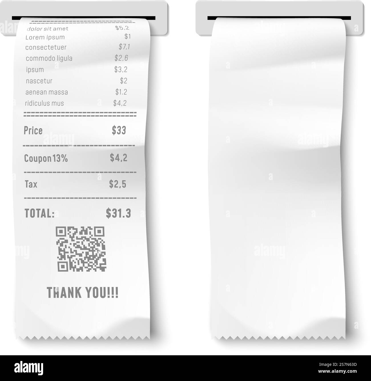 Chèque imprimé réaliste. Reçu de transaction, facture de paiement et chèques financiers. Enregistrement de transaction Shop, ticket d'achat ou chèque de paiement. Illustration vectorielle 3D isolée. Chèque imprimé réaliste. Reçu de transaction, facture de paiement et chèques financiers illustration vectorielle 3D isolée Illustration de Vecteur