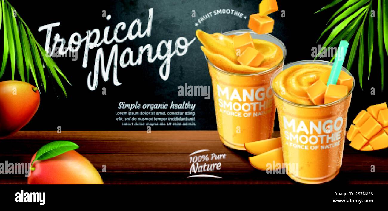Annonces de bannière smoothie à la mangue sur tableau noir et fond de table en bois dans l'illustration 3D. Bannières publicitaires pour smoothie à la mangue Illustration de Vecteur