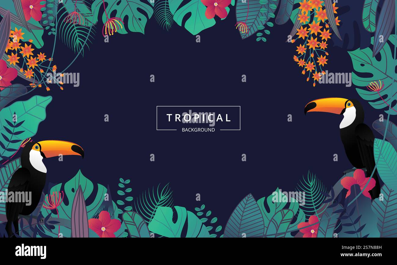 Fond tropical avec oiseau toucan, feuilles tropicales et fleurs. Feuille exotique de jungle sur fond sombre pour la conception de bannière de promotion, flyer, affiche de fête, impression et site Web. Illustration vectorielle. Illustration de Vecteur