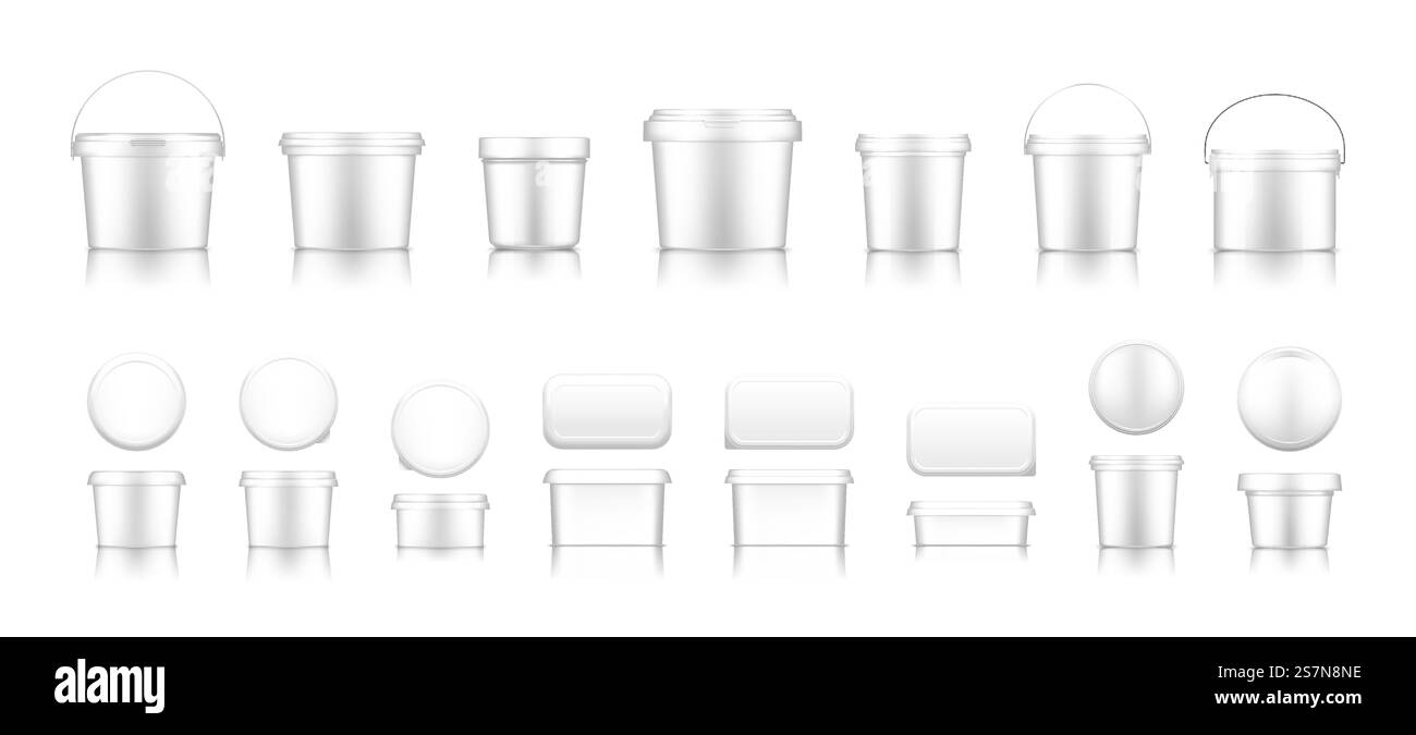 Maquettes de seau blanc pour crème glacée, yogourt, fromage, mayonnaise, beurre ou peinture. Récipient en plastique vierge pour emballage alimentaire. Modèle de produit pour le marquage ou la présentation. illustration vectorielle réaliste 3d. Maquettes de seau blanc pour crème glacée, yogourt, fromage, mayonnaise, beurre ou peinture Illustration de Vecteur