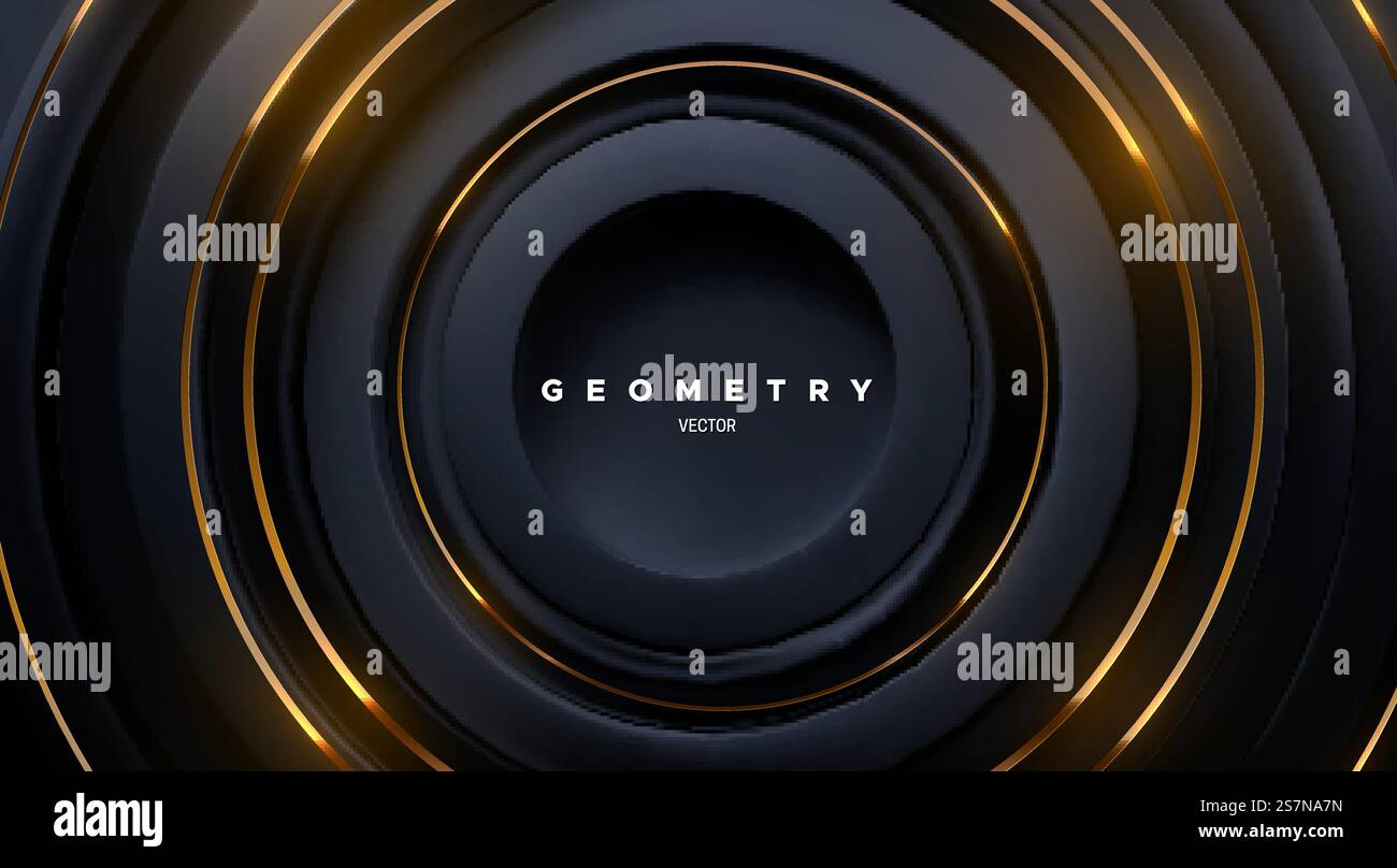Formes noires de cercle avec des rayures dorées. Fond géométrique abstrait. Illustration vectorielle 3D. Toile de fond des anneaux concentriques. Design de couverture de luxe. Formes noires de cercle avec des rayures dorées Illustration de Vecteur