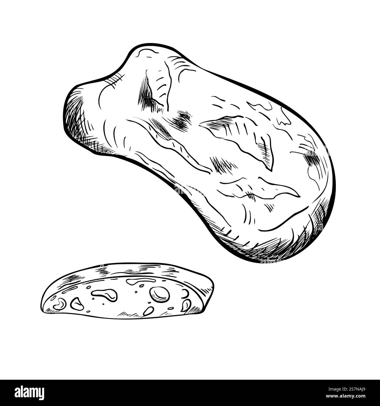Ciabatta pain entier et morceau noir blanc illustration vectorielle sur blanc. Silhouette rustique de pain italien par encre dessinée à la main. Pain artisan en monochrome Illustration de Vecteur