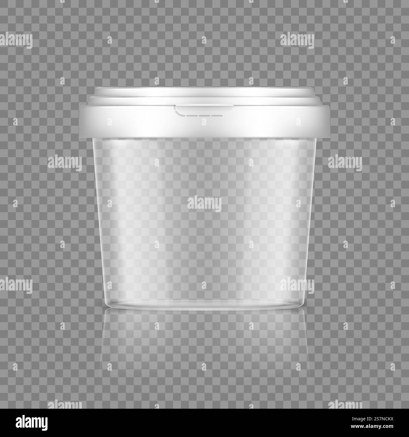 Vider le seau transparent avec maquette de bouchon pour la crème glacée, le yaourt, la mayonnaise, la peinture ou le contenant de mastic. Conception d'emballage en plastique. Modèle de produit alimentaire ou de décoration vierge. illustration vectorielle 3d. Vider le seau transparent avec maquette de bouchon pour la crème glacée, le yaourt, la mayonnaise, la peinture ou le contenant de mastic Illustration de Vecteur