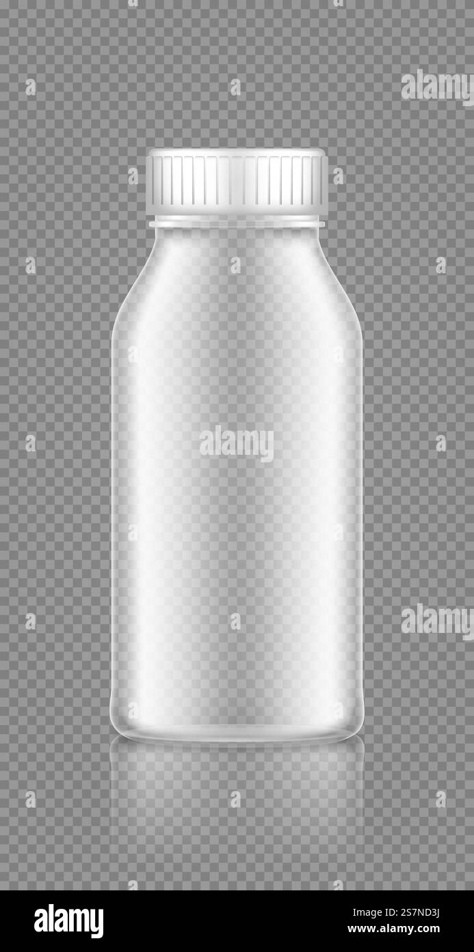 Modèle de bouteille transparent vide pour yaourt, lait, jus, eau ou shampooing. Conception d'emballage en plastique. Produit alimentaire, cosmétique ou détergent vierge. Modèle de conteneur. illustration vectorielle réaliste 3d. Maquette de bouteille transparente vide pour yaourt, lait, jus ou shampooing. Illustration de Vecteur
