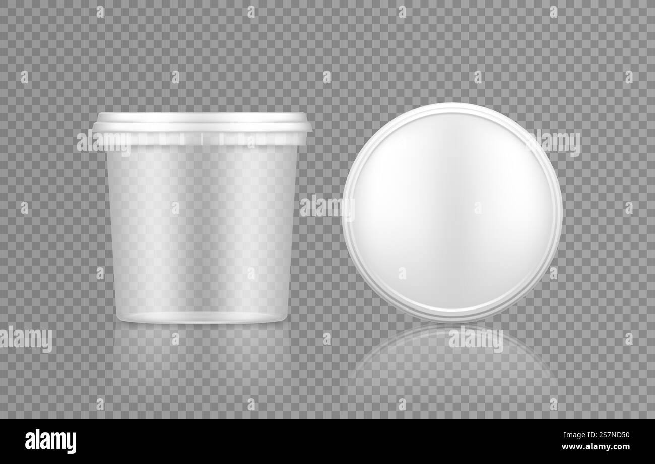 Seau transparent vide avec maquette de vue de dessus de bouchon pour crème glacée, yaourt, mayonnaise, peinture ou mastic. Conception d'emballage en plastique. Modèle de conteneur de produits alimentaires ou décoratifs vierge. illustration vectorielle 3d. Seau transparent vide avec capuchon vue de dessus maquette Illustration de Vecteur