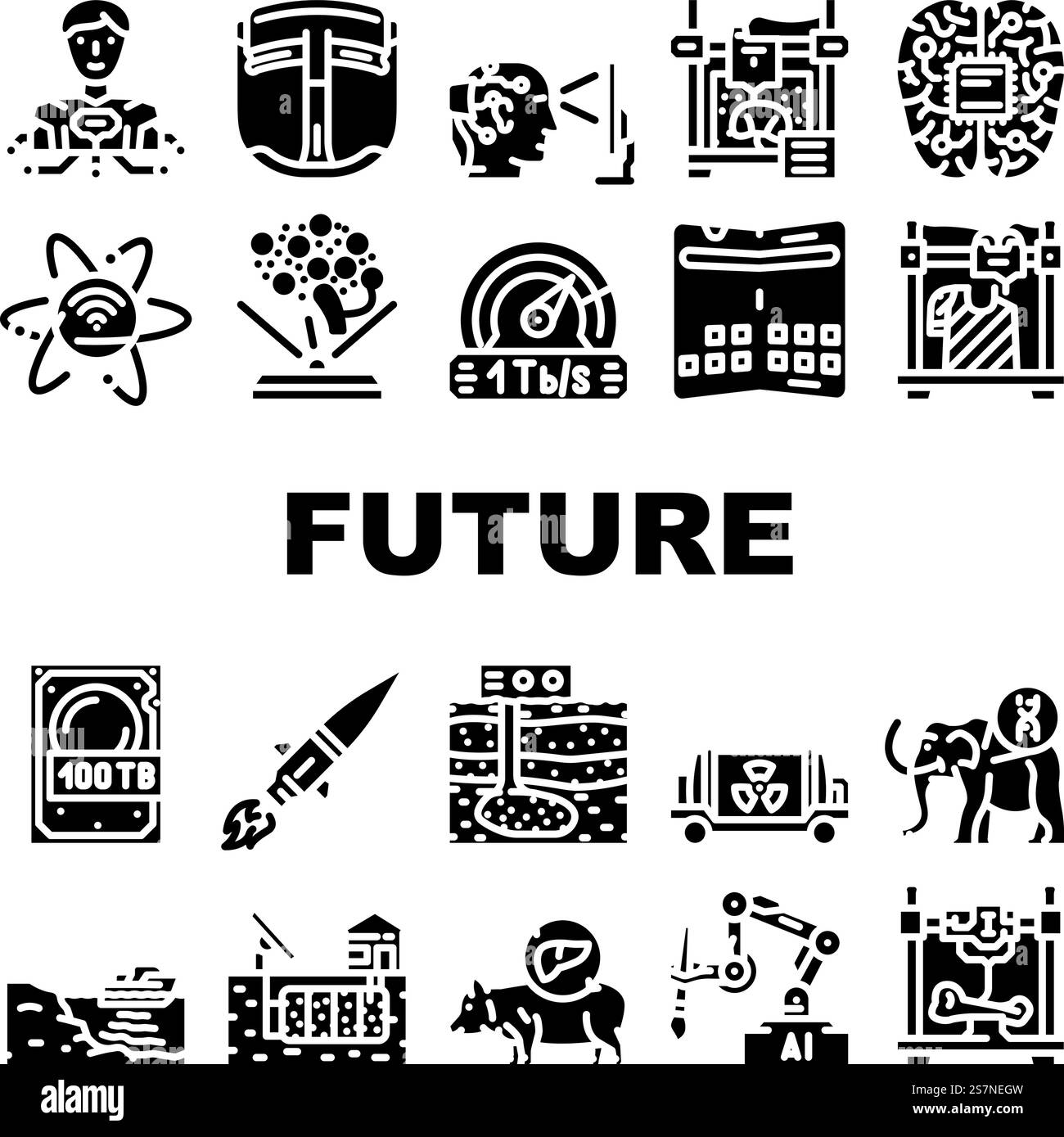 les icônes de données numériques de la technologie future définissent le vecteur. Tech futuriste, Internet d'affaires, réseau de communication, information moderne technologie future données numériques pictogramme de glyphe illustrations. les icônes de données numériques de la technologie future définissent le vecteur Illustration de Vecteur