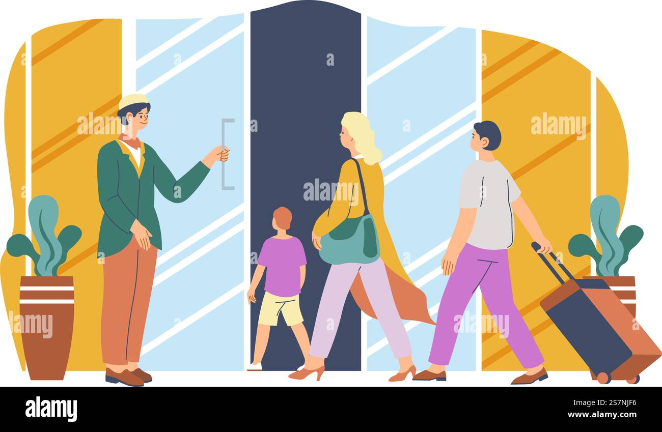 Personnes marchant dans le bâtiment de l'hôtel, accueillis par concierge ou portier. Touristes séjournant dans l'auberge, hébergement de luxe et logement pour les vacances et les vacances. Homme et femme avec enfant. Vecteur dans le style plat. Concierge accueillant les personnes à l'hôtel, services Illustration de Vecteur