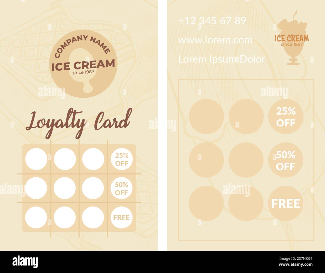 Carte de fidélité crème glacée avec des places vides pour les timbres et pourcentage de réduction. Solutions d'affaires pour les clients, numéro de téléphone et page de site Web de magasin ou de kiosque producteur. Vecteur dans le style plat. Carte de fidélité avec pourcentage à vendre, crème glacée Illustration de Vecteur