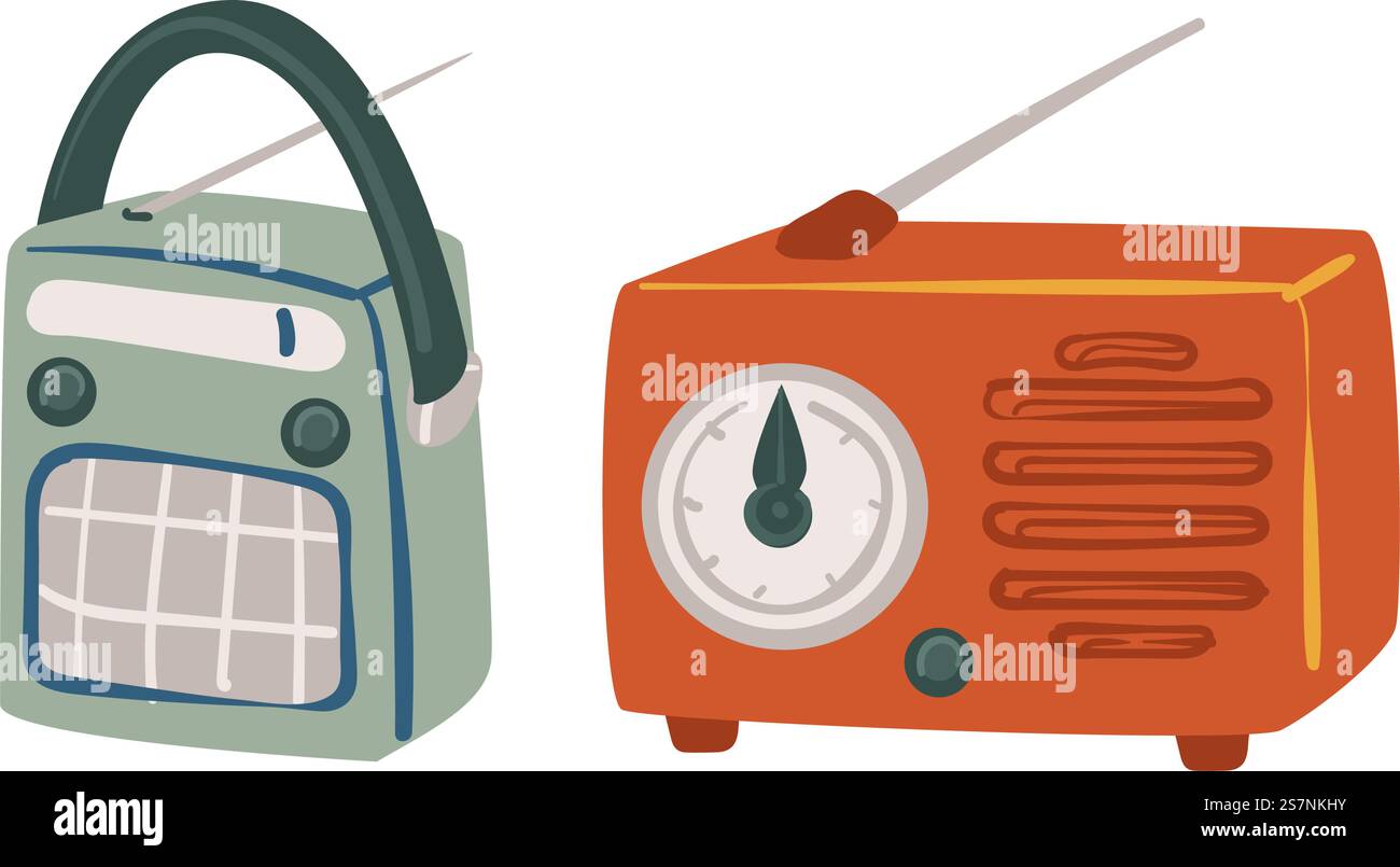 Gadgets rétro ou vintage pour lire des nouvelles et de la musique, enregistrer de l'audio. Appareil isolé avec boutons et antenne, volume haut et bas. Joueur Old School pour la communication. Vecteur dans les styles plats. Radio avec fonctions d'enregistrement et de lecture rétro Illustration de Vecteur