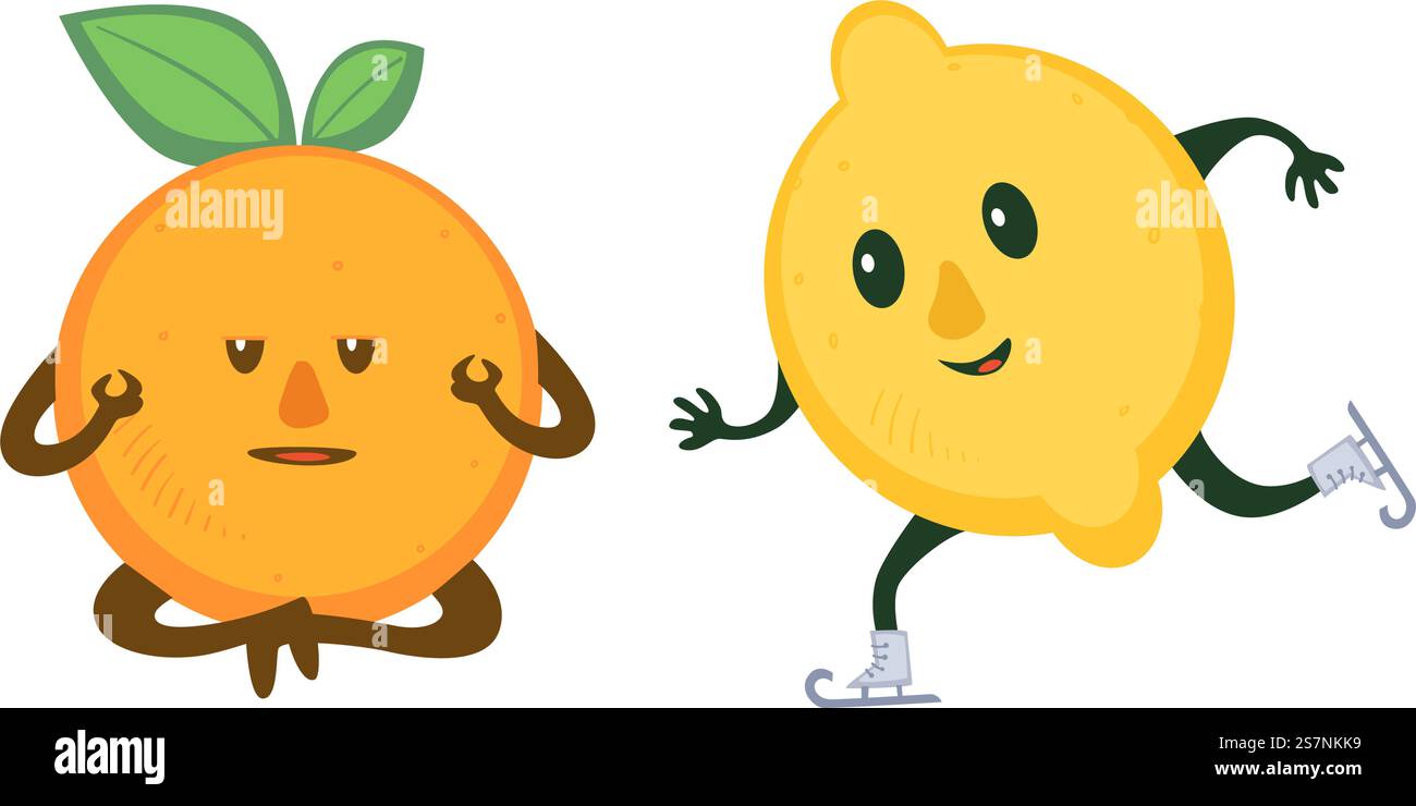 Personnage de dessin animé orange gardant le calme et méditant ou faisant du yoga. Citron isolé skie sur la patinoire. Fruits sportifs et actifs avec jambes, mains et expressions faciales. Vecteur dans le style plat. Drôle de fruits caractère faisant du sport, médiation Illustration de Vecteur