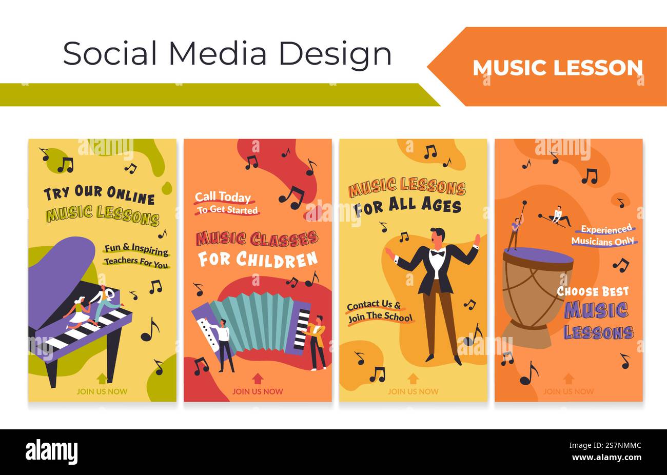 Histoire de médias sociaux avec publicité de l'école de musique. Collection de page Web de réseau avec la musique d'étude de caractère homme femme et des instruments de jeu, illustration vectorielle. Publicité éducative en ligne à la bannière. Histoire de médias sociaux avec publicité de l'école de musique Illustration de Vecteur