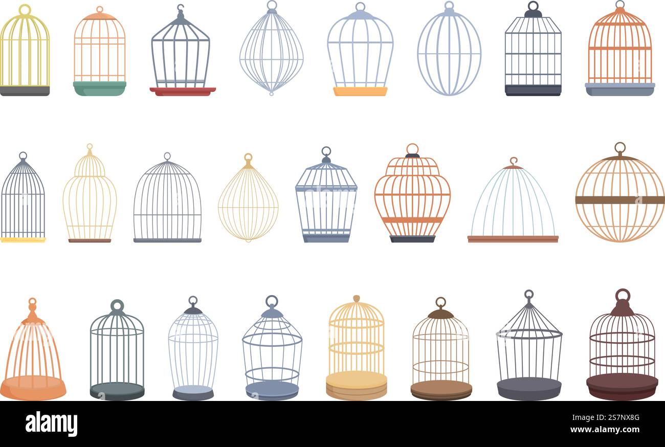 Les icônes cage d'oiseau définissent le vecteur de dessin animé. Animal de compagnie. Magasinez dans la nature. Les icônes cage d'oiseau définissent le vecteur de dessin animé. Animal de compagnie Illustration de Vecteur