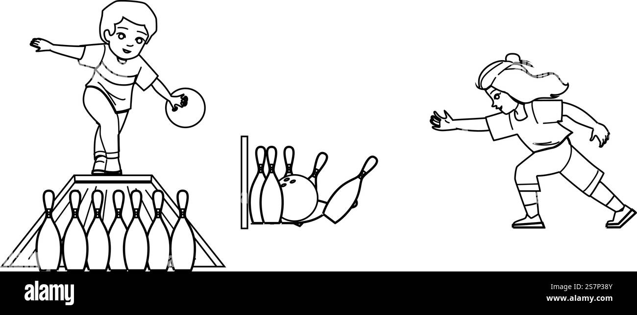 vecteur de jeu d'enfant de bowling. jeu d'enfants, famille de balle, enfant montessori, école à la maison, amis en plein air bowling enfant jouer personnage. illustration de la ligne noire des gens. vecteur de jeu d'enfant de bowling Illustration de Vecteur