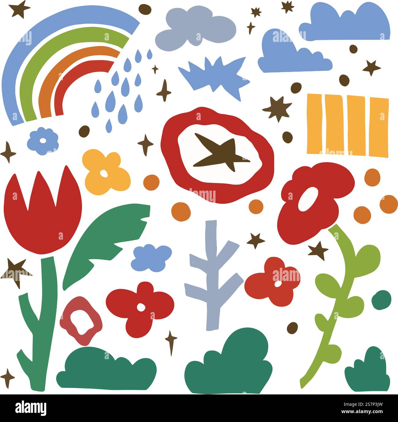 Peinture enfantine ou dessin avec des fleurs en fleurs, des plantes et des feuilles. Feuillage et paysage naturel. conditions météorologiques pluvieuses et nuages au ciel, flore et fleurs sauvages en fleurs. Vecteur en plat . Enfants peignant la nature, les fleurs et la pluie Illustration de Vecteur