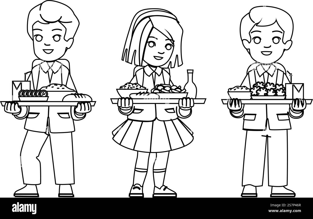 vecteur de déjeuner sain pour enfant d'école. boîte à repas, nourriture aux pommes, déjeuner sandwich école enfant sain déjeuner caractère. illustration de la ligne noire des gens. vecteur de déjeuner sain pour enfant d'école Illustration de Vecteur