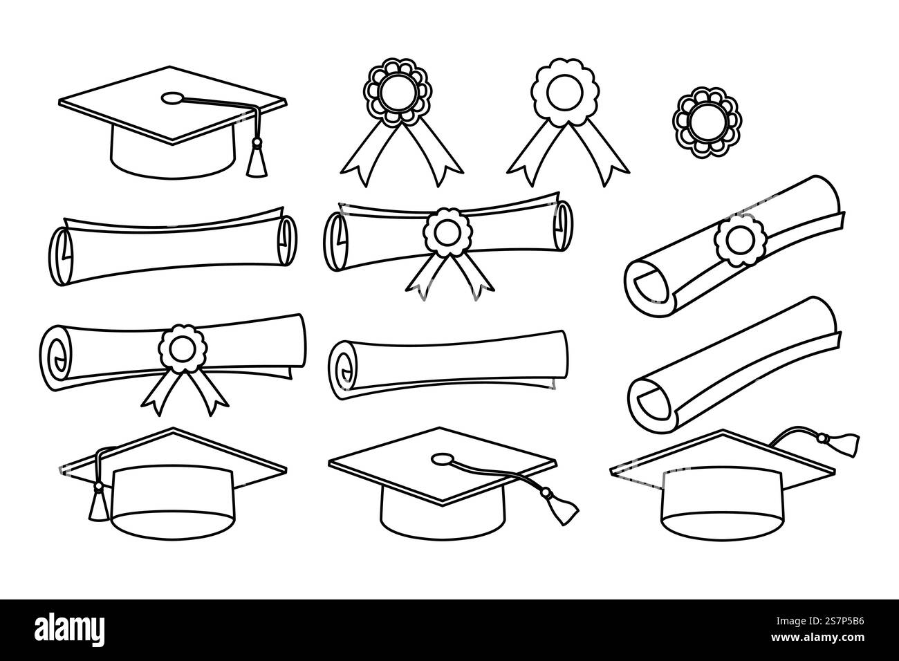 Ensemble de casquette de graduation, diplôme et ruban de récompense. Illustrations de contour en noir et blanc isolées sur fond blanc. L'éducation et les résultats académiques Illustration de Vecteur