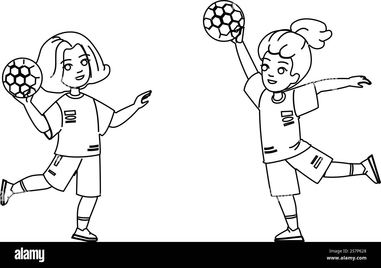 vecteur enfant de handball. enfant de sport, garçon de football, activité de volley-ball, jeu d'équipe, enfant école handball personnage. illustration de la ligne noire des gens. vecteur enfant de handball Illustration de Vecteur