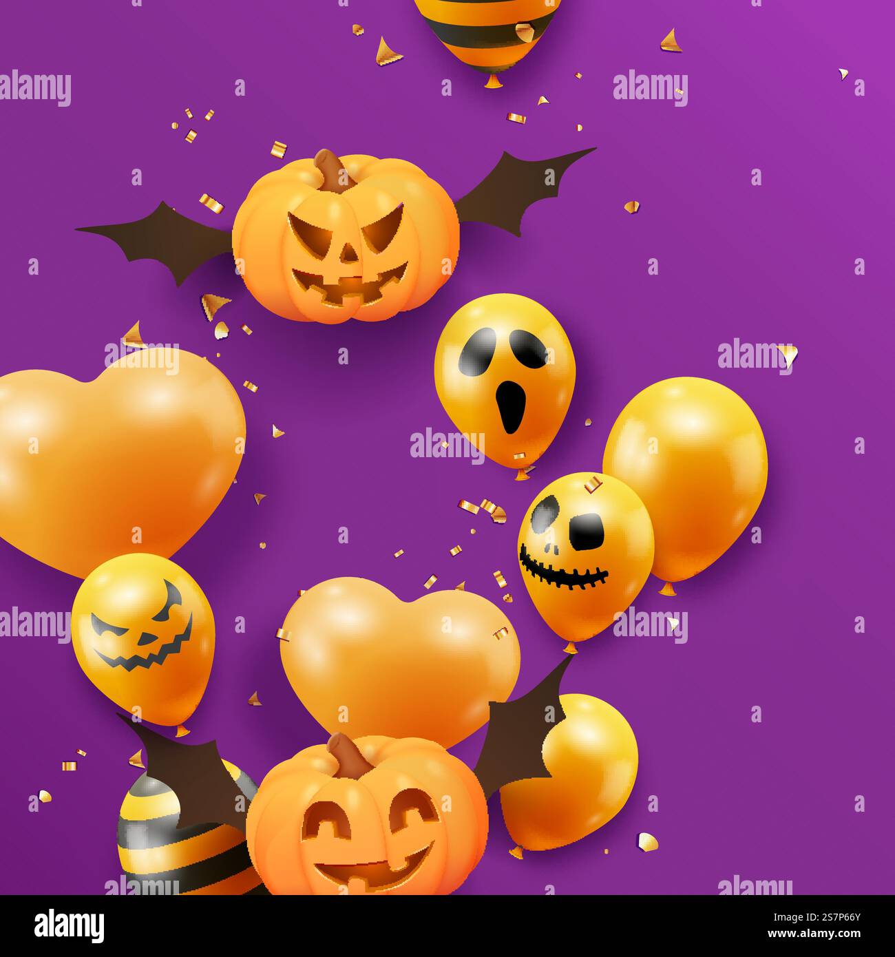 Bannière d'Halloween avec des citrouilles volantes, des confettis et des ballons fantômes sur fond violet. Fond d'Halloween avec des ballons à air effrayants. Maquette de carte de vœux des fêtes. Bannière d'Halloween avec des citrouilles volantes, des confettis et des ballons fantômes sur fond violet. Fond d'Halloween avec des ballons à air effrayants. Carte de vœux des fêtes Illustration de Vecteur