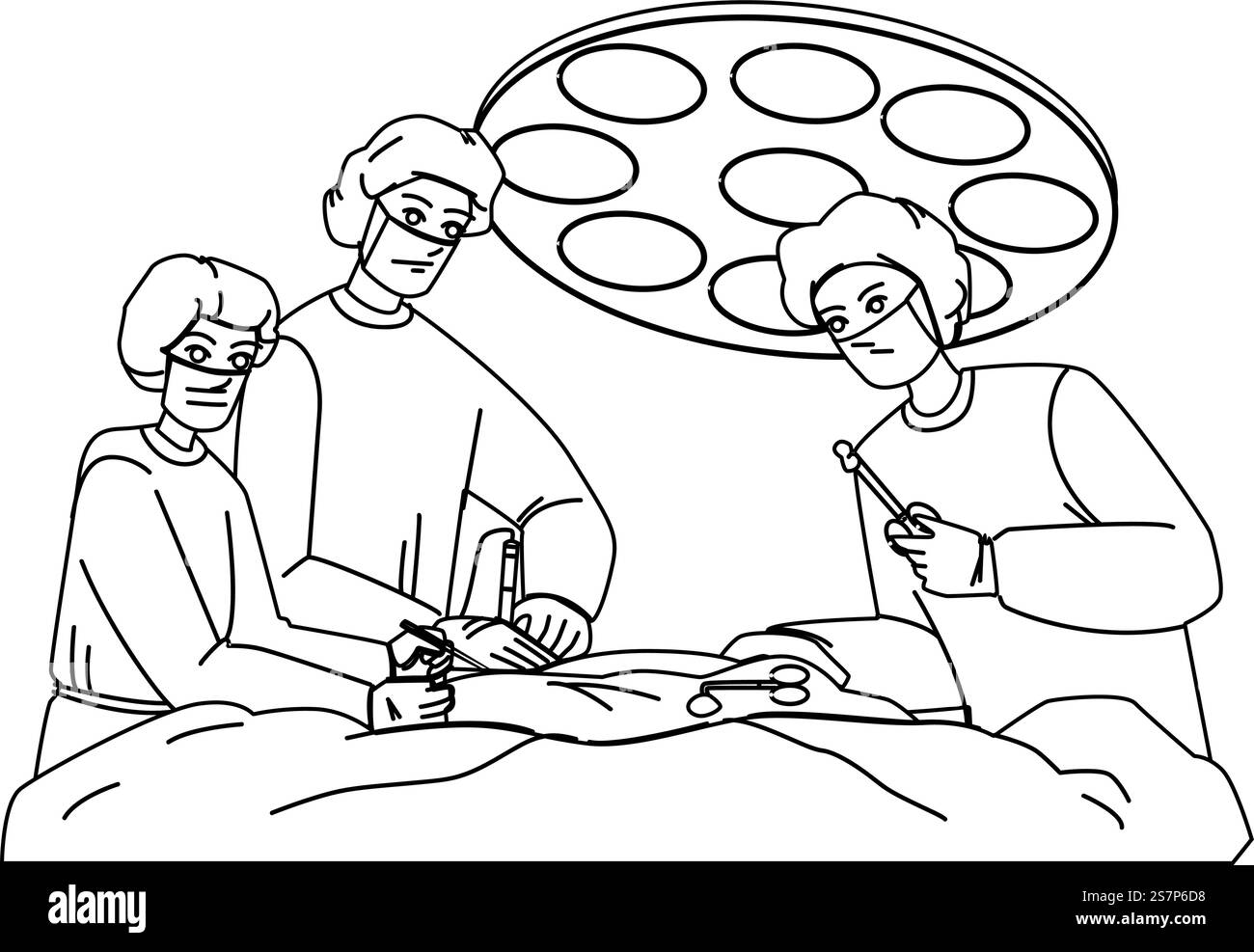 la chirurgie opère vecteur. médecin hôpital, santé chirurgicale, chambre patient, médecine médicale, technologie infirmière chirurgie opérer caractère. illustration de la ligne noire des gens. la chirurgie opère vecteur Illustration de Vecteur