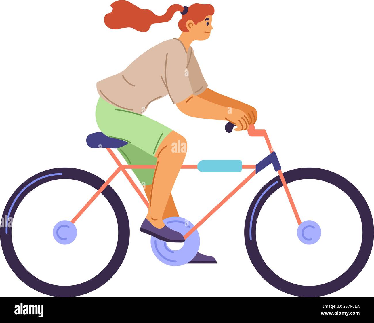 personnage féminin à vélo, femme isolée à vélo en utilisant des moyens de transport écologiques. Fille qui se rend au travail, à l'école ou à la maison. Sensibilisation à l'environnement écologique. Vecteur dans le style plat. ECO transport, vélo de personnage féminin Illustration de Vecteur