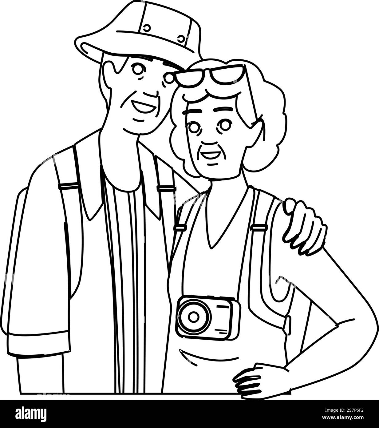 vecteur de vacances de couple senior femme. homme heureux, amour de retraite, homme femme senior couple personnage de vacances. illustration de la ligne noire des gens. vecteur de vacances de couple senior femme Illustration de Vecteur