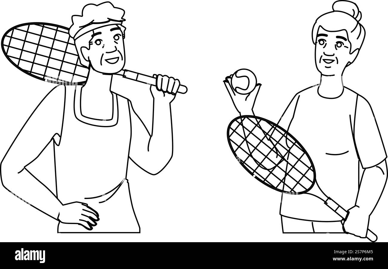 exercice vecteur de tennis senior. loisirs de style de vie, activité de retraite, femme d'été exercer caractère de tennis senior. illustration de la ligne noire des gens. exercice vecteur de tennis senior Illustration de Vecteur