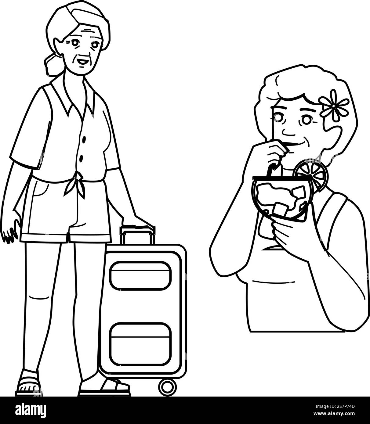 vecteur de vacances femme senior féminin. été beau, style de vie vieux, portrait de plage femme senior femme personnage de vacances. illustration de la ligne noire des gens. vecteur de vacances femme senior féminin Illustration de Vecteur