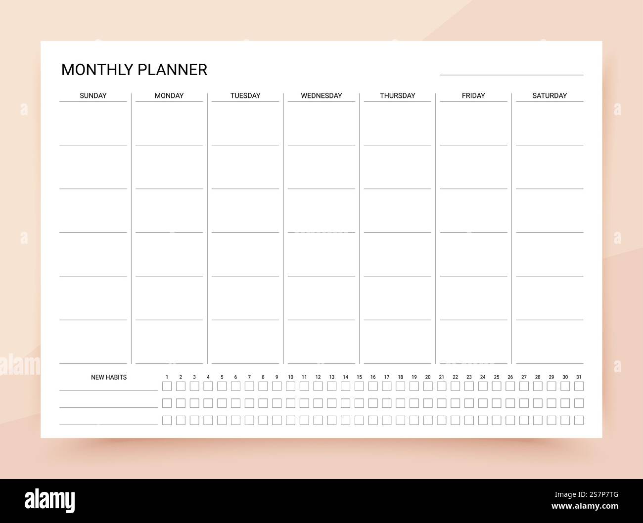 Planificateur mensuel. Calendrier pour le mois avec tracker d'habitude. Modèle de page de journal. La semaine commence dimanche.. Planificateur mensuel. Modèle de calendrier pour le mois. Illustration vectorielle. Illustration de Vecteur