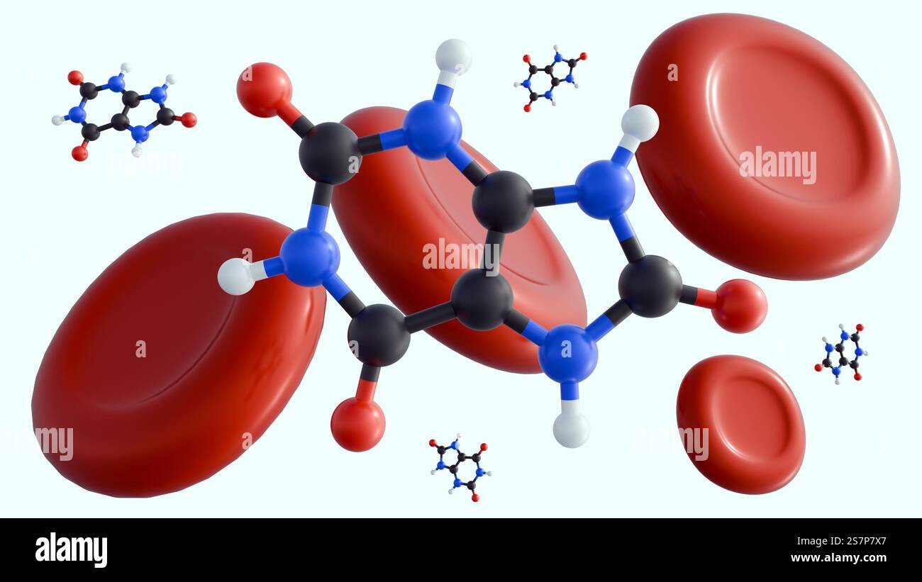 Rendu 3D des molécules d'acide urique et des globules rouges. L'hyperuricémie survient lorsqu'il y a trop d'acide urique dans le sang. Banque D'Images