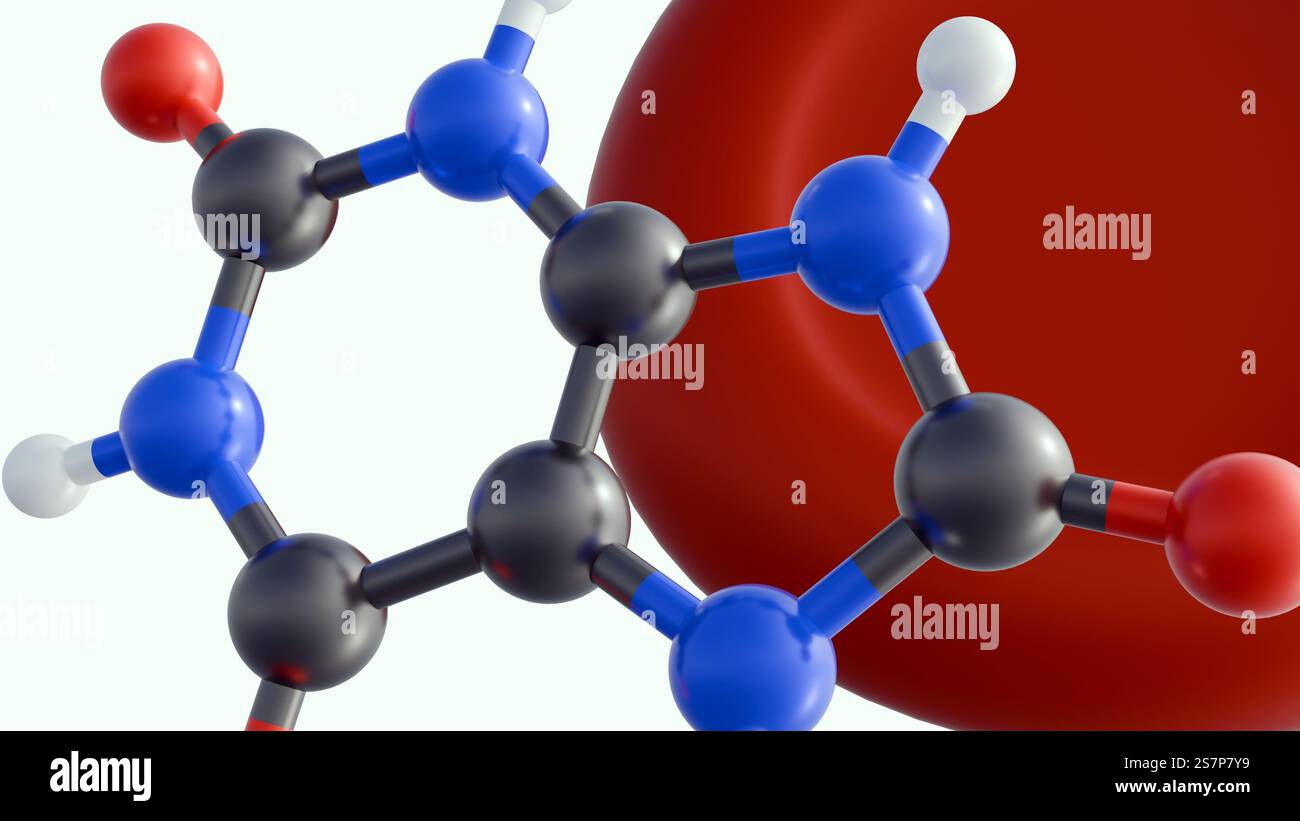 Rendu 3D des molécules d'acide urique et des globules rouges. L'hyperuricémie survient lorsqu'il y a trop d'acide urique dans le sang. Banque D'Images