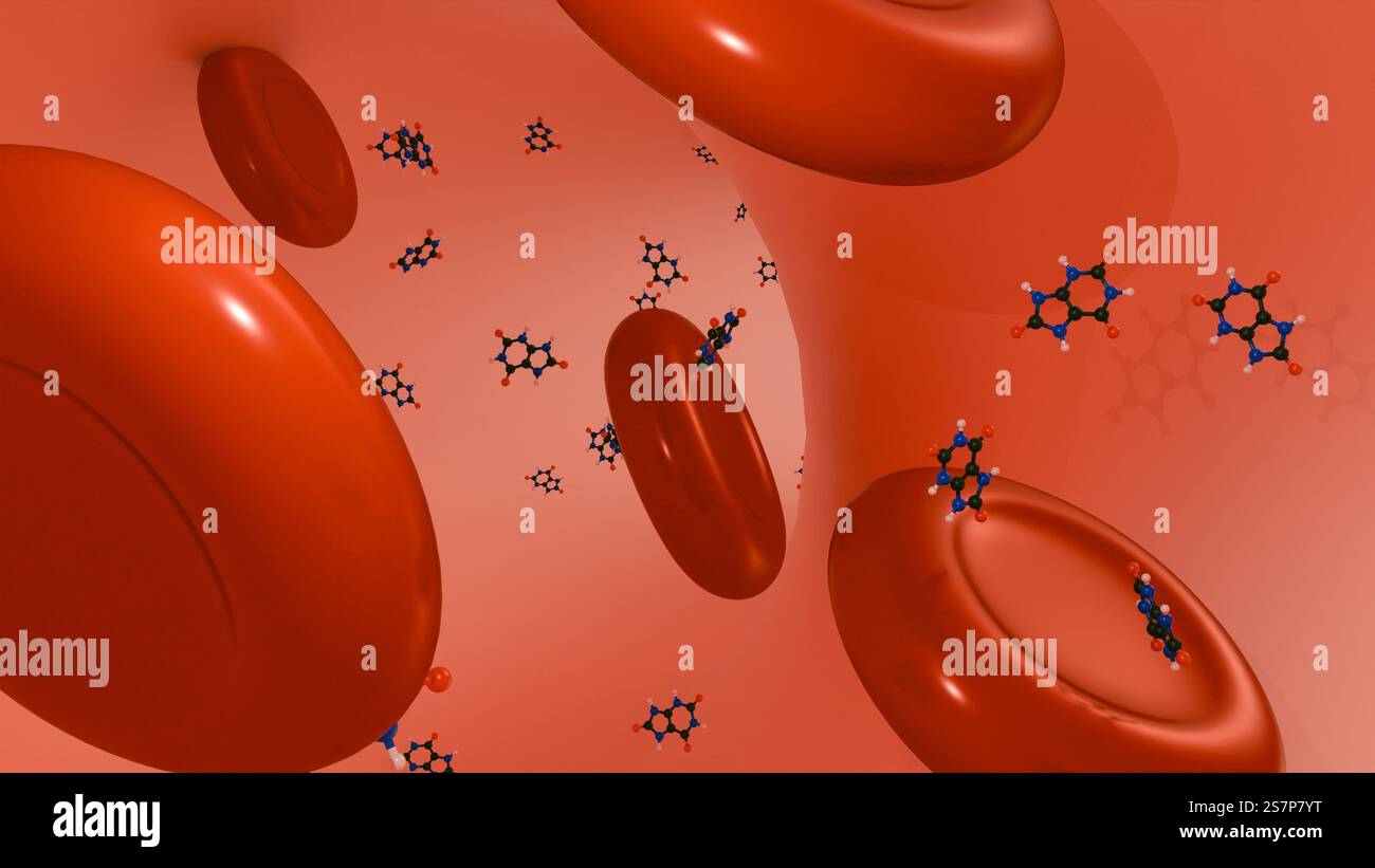 Rendu 3D des molécules d'acide urique et des globules rouges à l'intérieur du vaisseau sanguin. L'hyperuricémie survient lorsqu'il y a trop d'acide urique dans le sang. Banque D'Images