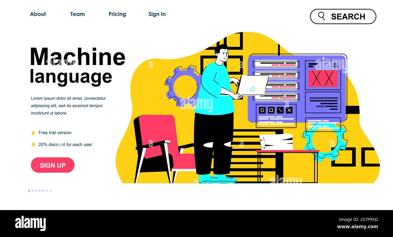 Concept de langage machine pour le modèle de page de renvoi. Programmeur donne des instructions et travaille sur ordinateur portable. Scène des gens de développement logiciel. Illustration vectorielle avec conception de caractère plat pour bannière web Illustration de Vecteur
