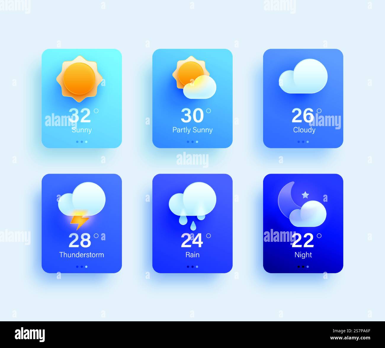 Icône de l'interface utilisateur du site Web ou de l'application mobile définie pour les prévisions météorologiques. 3d conception moderne de morphisme en verre.. icône de prévision météo 3d définie Illustration de Vecteur
