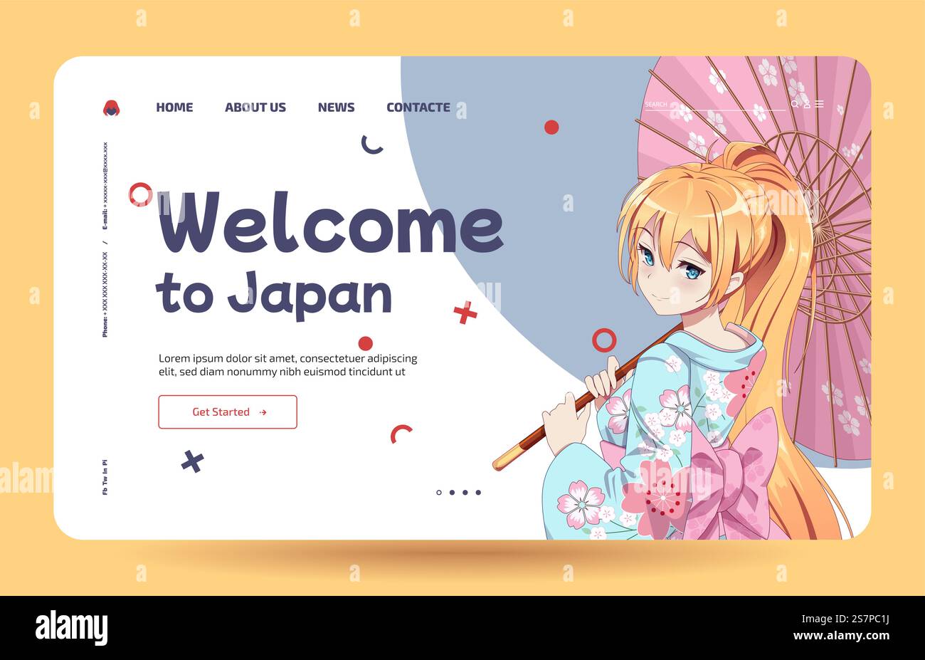 Anime manga filles en costume traditionnel japonais kimono tenant parapluie. Apprendre le japonais - modèle de page d'accueil Illustration de Vecteur