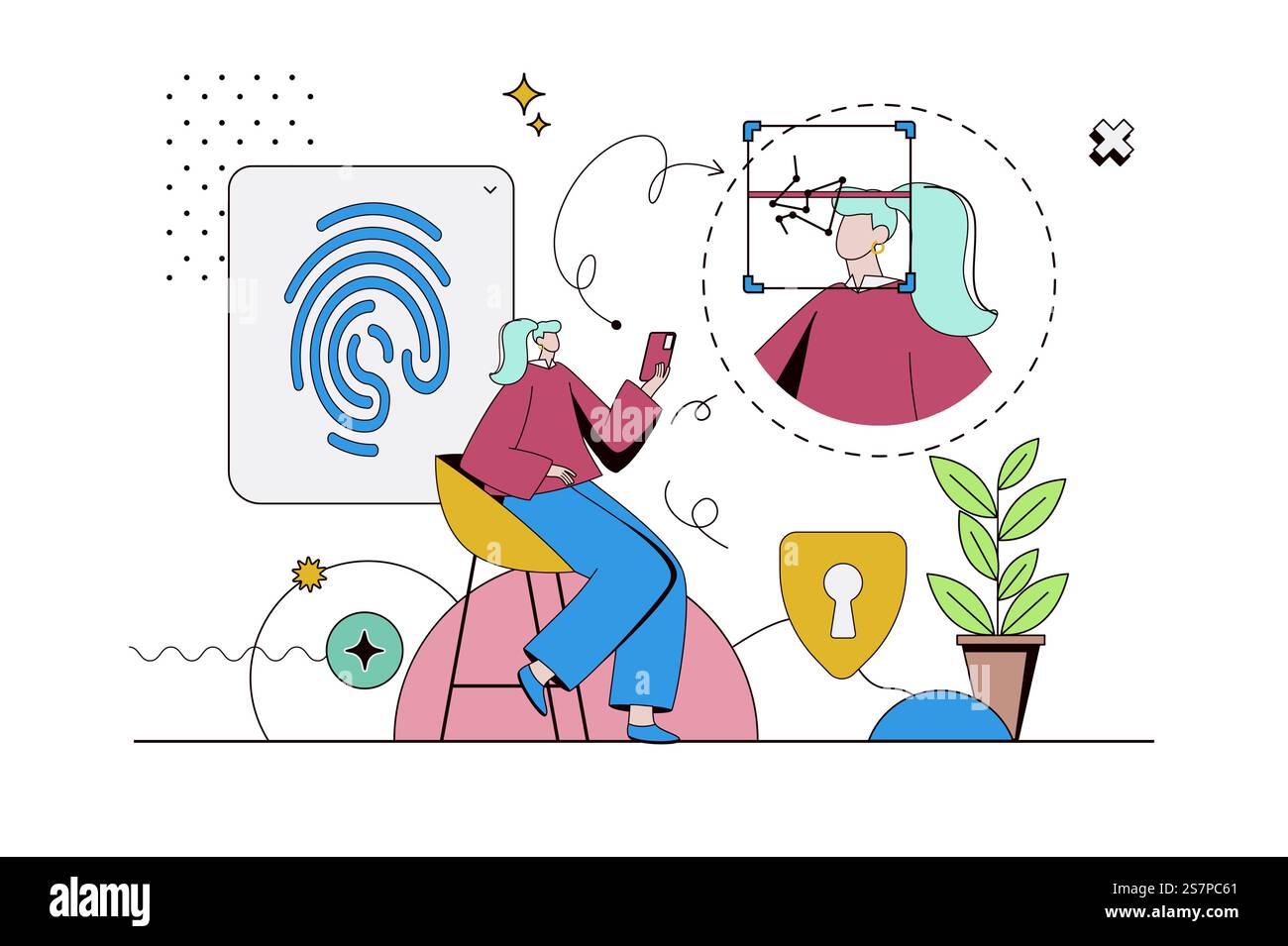 Concept de contrôle biométrique avec situation de caractère dans la conception plate. Femme accédant à son compte avec la numérisation d'empreintes digitales d'identification et la reconnaissance faciale de l'utilisateur. Illustration vectorielle avec scène de personnes pour le web Illustration de Vecteur